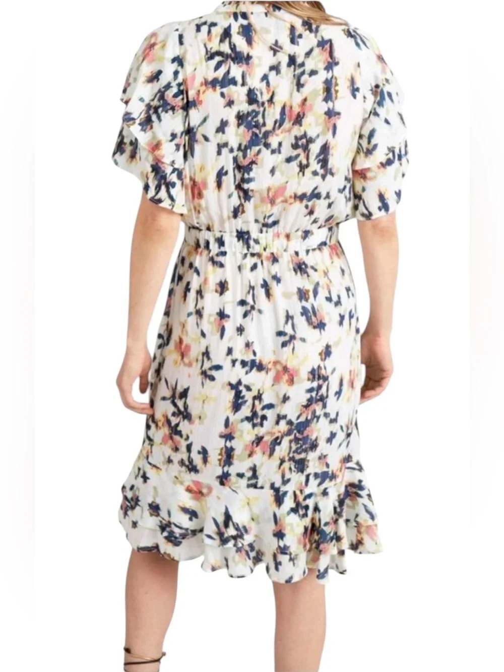 Munthe Humming Cascade Ruffle Floral Flutter Sleeve Faux Wrap Mini Dress